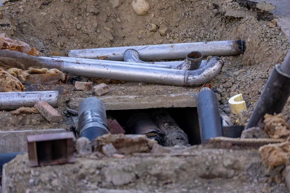 Close-up of industrial pipe installation at a commercial construction site