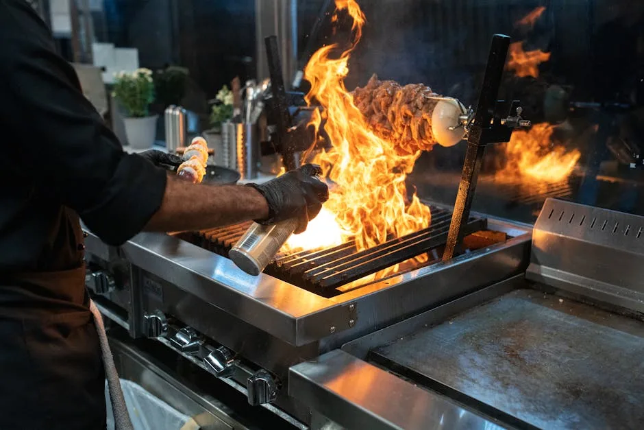 Chef grilling meat with open flames in a commercial kitchen — grease and smoke captured by overhead exhaust hood